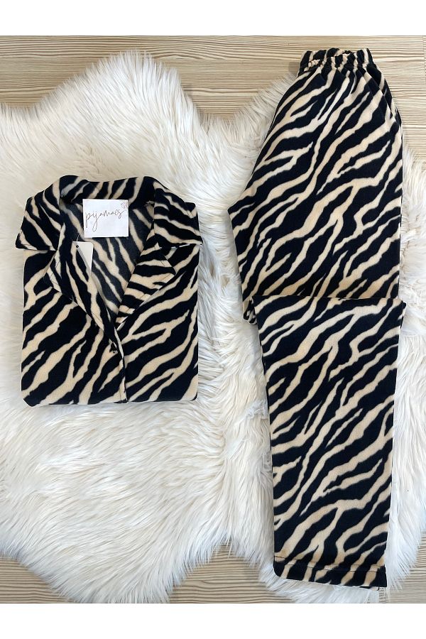 Pijamacs-Zebra Print Front Button Fleece Pajamas Set 1
