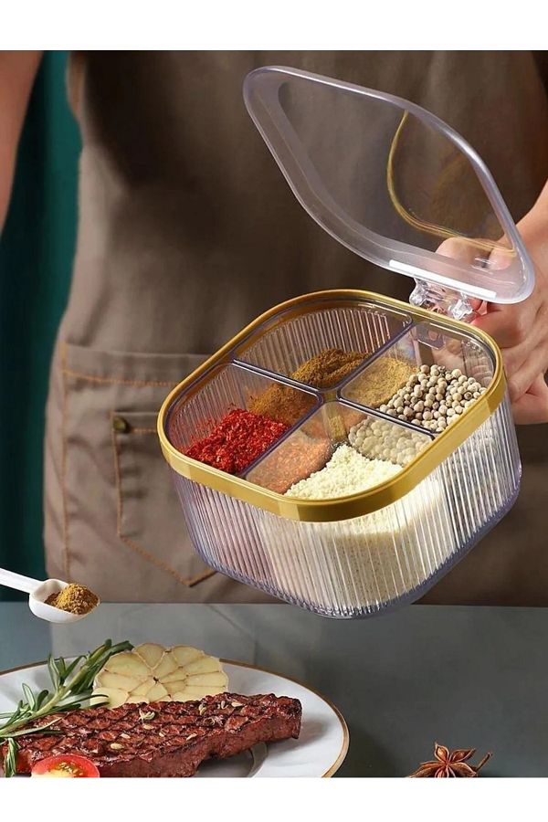 Bayev-Table Top Spice Rack with 4 Spoons and Lid 4 Compartments Spice Box (Suitable for Restaurant and Cafe Use) 1
