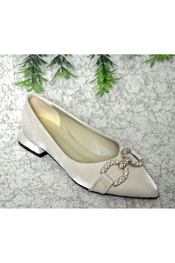 Hanedan-Satin Large Stone Buckle Low Thick Heeled Daily Satin Ballerina Shoes 1