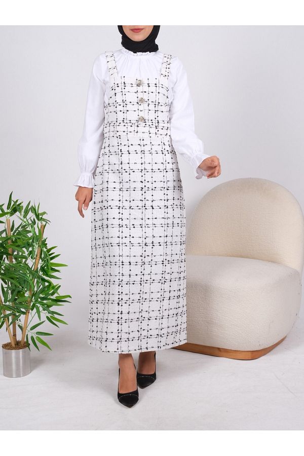 Modamorfo-Ecru Salopet with Button Detail on the Front and Belt Corsage 1