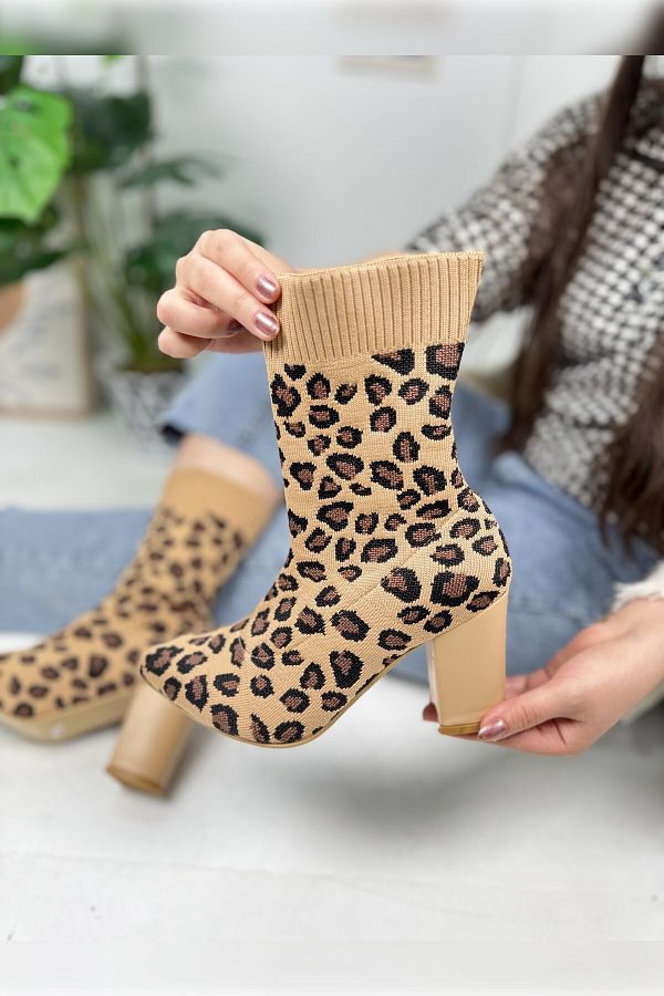 Nstil-Leopard Knitwear Stretch Boots - Casual γυναικεία παπούτσια, ριγέ και χοντρό ψηλό τακούνι 167 1