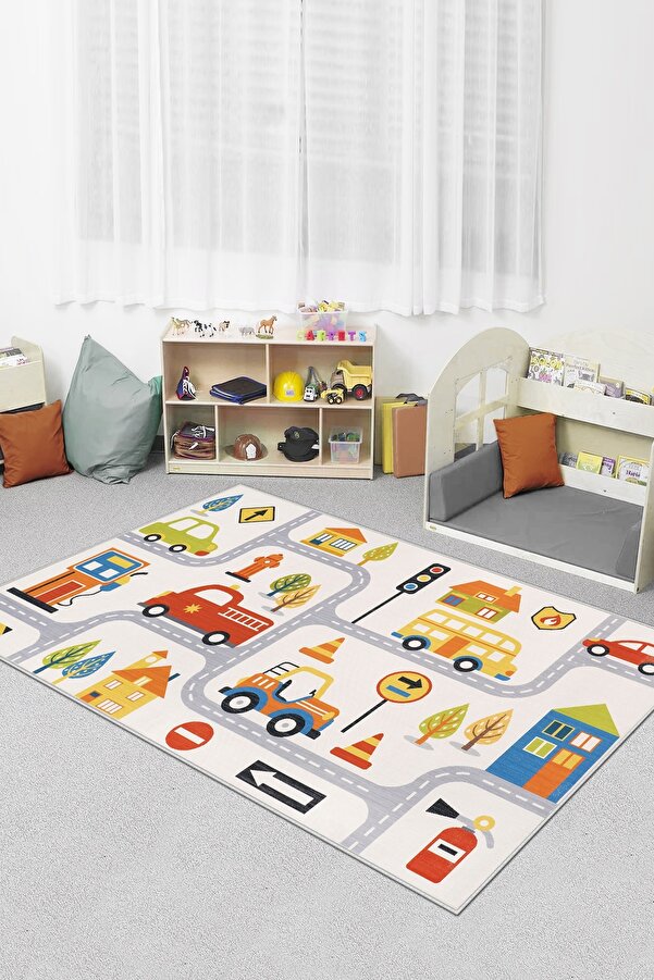 Confidence Home Makinede Yıkanabilir Kaymaz Taban Leke Tutmaz Yol Desenli Halı Bebek Ve Çocuk Halısı Oyun Matı