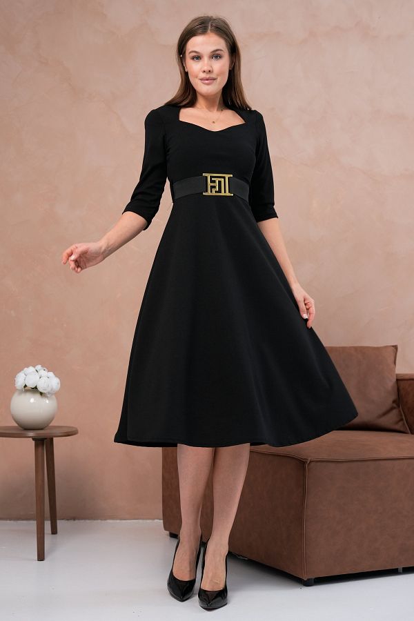 vuvutasarım-Flexibles Scuba-Crêpe-Stoff-Gürtel, detaillierter kurzärmliger Fensterkragen, Midi-Länge, schwarzes Abendkleid 075 1