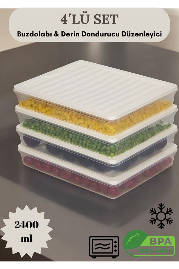 Flash Bazaar-4-Piece Refrigerator Organizer - Microwave and Freeze Storage Container, Cream Lid, 4X2400Ml 1