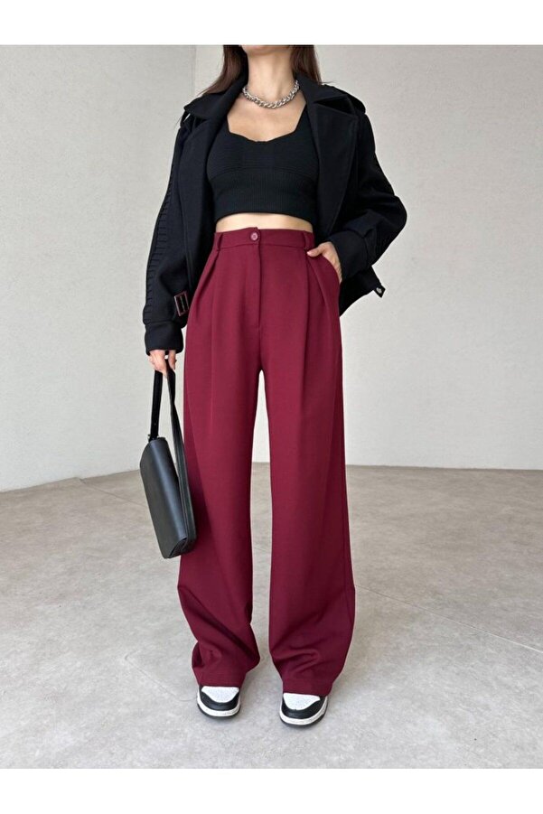 NARKISS-Burgundy Palazzo Trousers - Waist Cuffs and Buttons 1