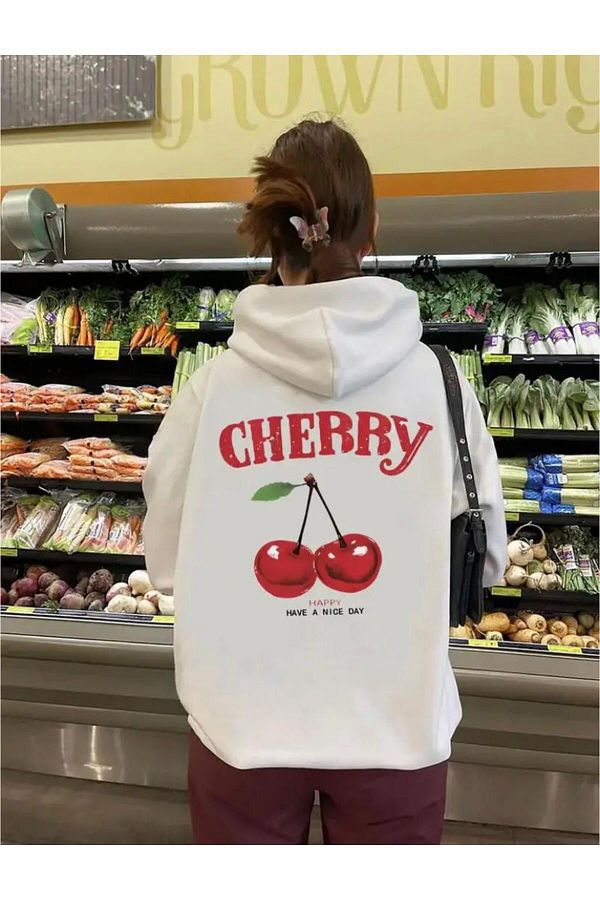 NO 601-Kadın Beyaz Sırt Kiraz Cherry Baskılı Kapşonlu Sweat 1