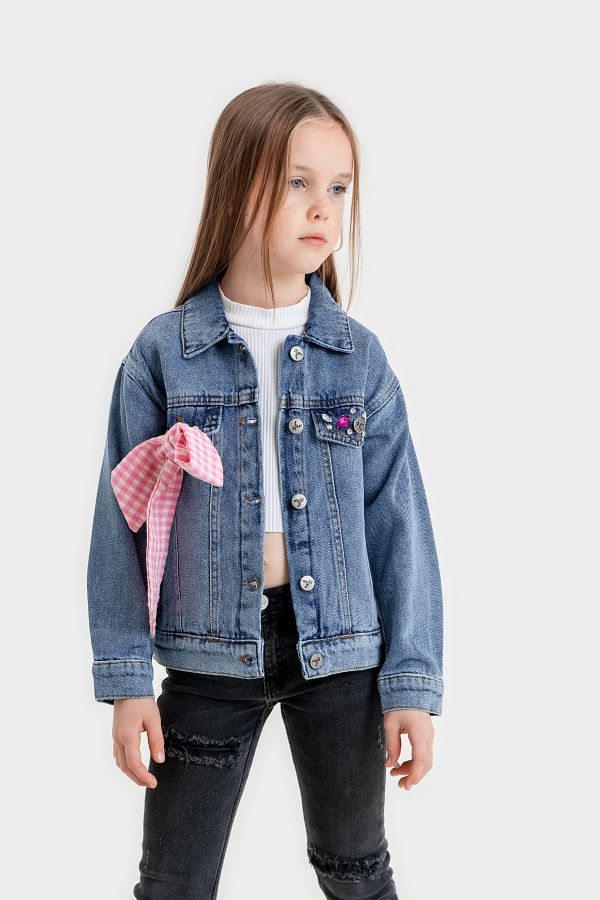 GİYİCEM TEKSTİL-Stone Detailed Scarf Denim Jacket for Girls - 1531 1