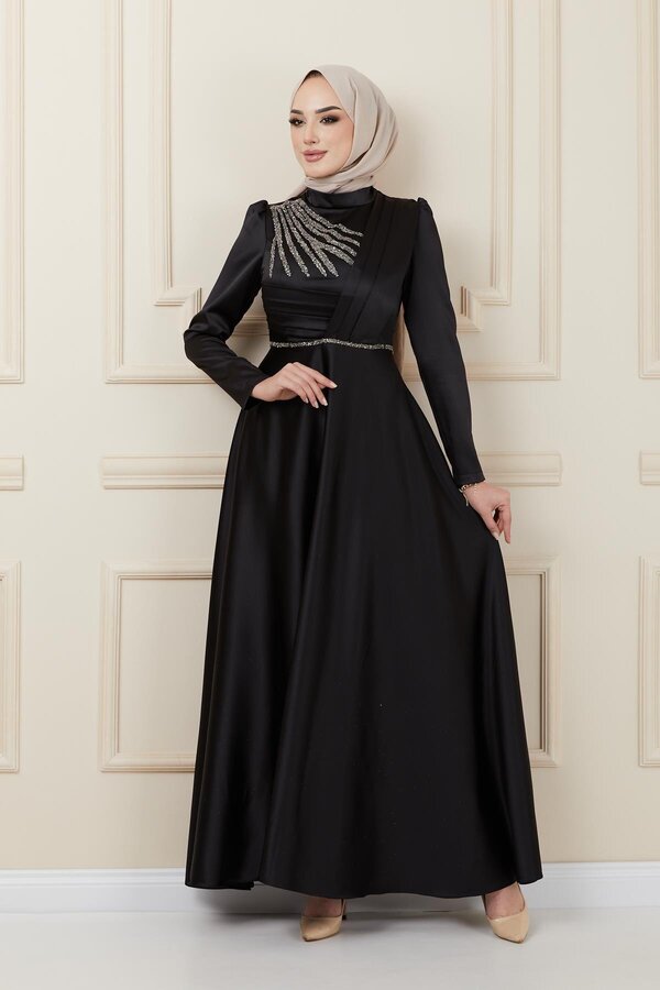 Olcay-Satin-Abendkleid mit Falten- und Perlendetail auf der Vorderseite SCHWARZ 1624 1
