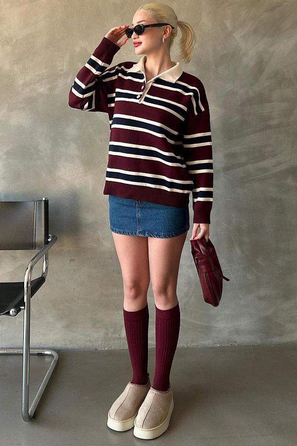 Madmext-Burgundowy, prążkowany, zapinany na guziki sweter polo damski z dzianiny Mg2280 1