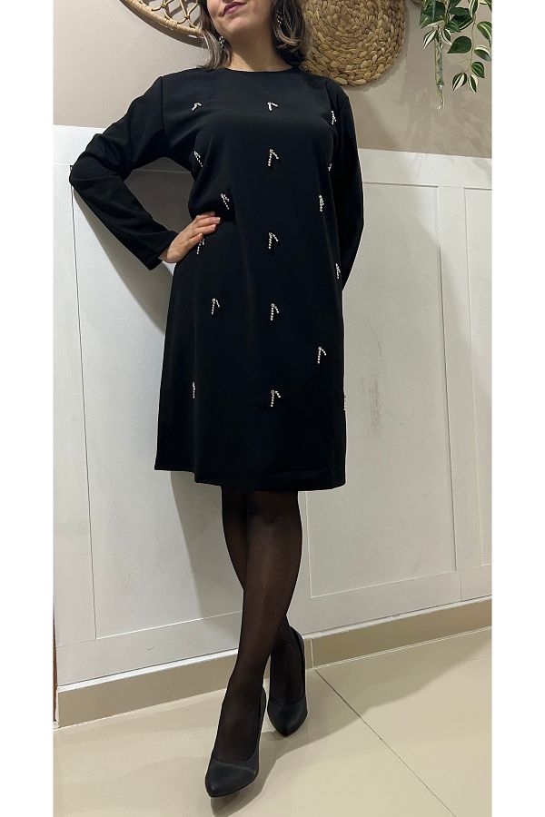 leilas-Rochie creponată elegantă din lycra cu mâneci lungi, cu mâneci lungi, brodate cu piatră de culoare neagră, sezon nou (BOY 97CM) 1