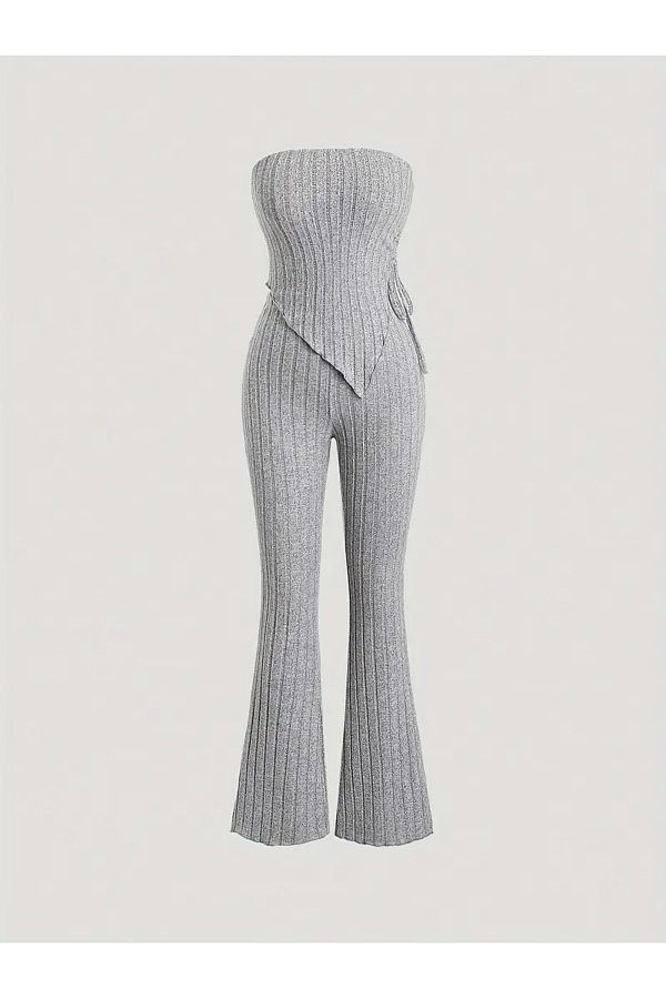 Marin Star-Grey Strapless Asymmetrical Lycra Side Drawstring Blouse Bottom Top Suit, Stretchy Fabric Gray Drawstring Strapless Suit 1