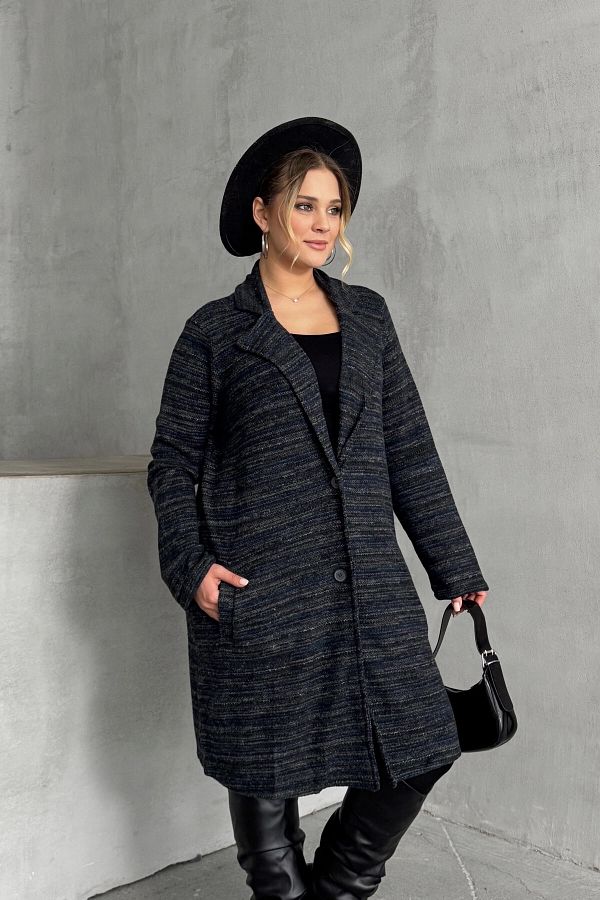 Stil Diva-Plus Size Long Sleeve Button Front Long Slim Jacket with Pockets 301800 1