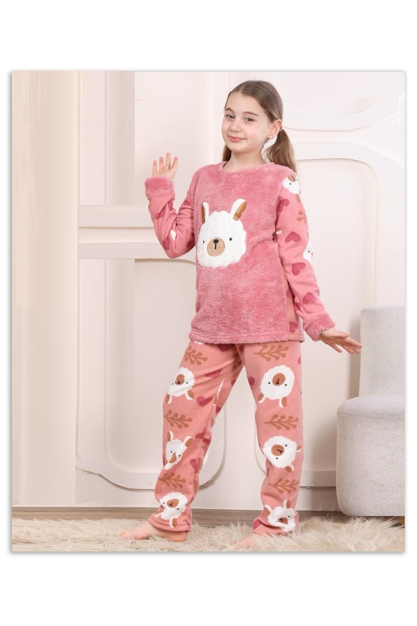 ROMEO LİFE Kız Çocuk Uzun Kollu Polar Peluş Kumaş Kışlık Sıcak Tutan Pijama Takımı 8073