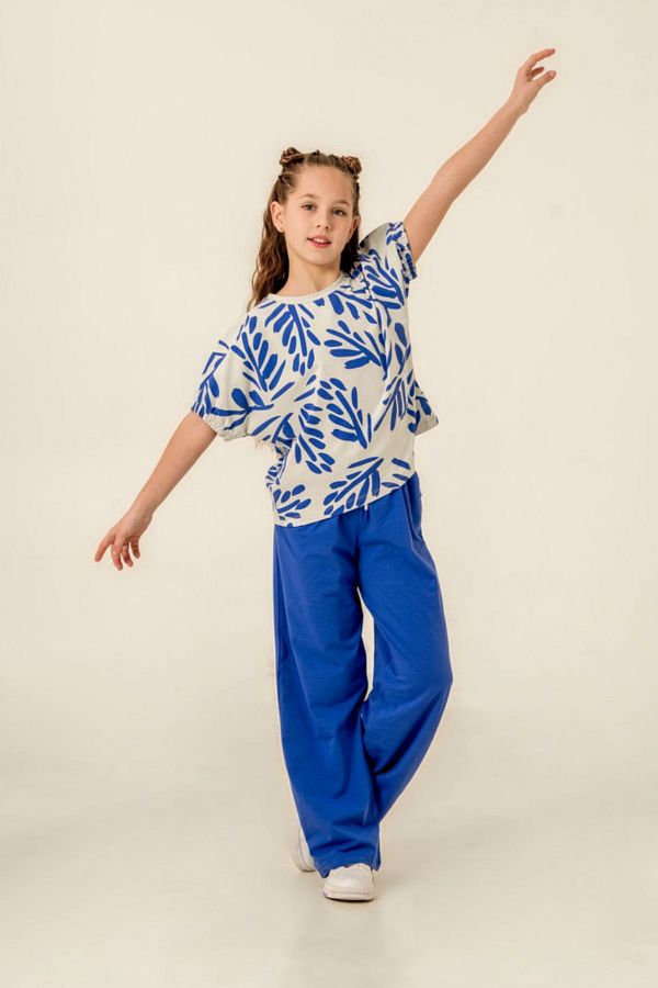HAUSEkids-8-12 Years Flower Cotto Girl's Suit -Sax Blue 1