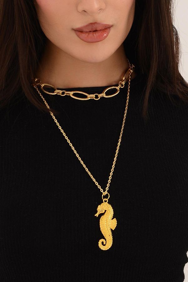 PİNKMARK-Pinkmark Women - Gold Color Double Seahorse Charm Short Chocker Necklace Set Pmkl25600 1