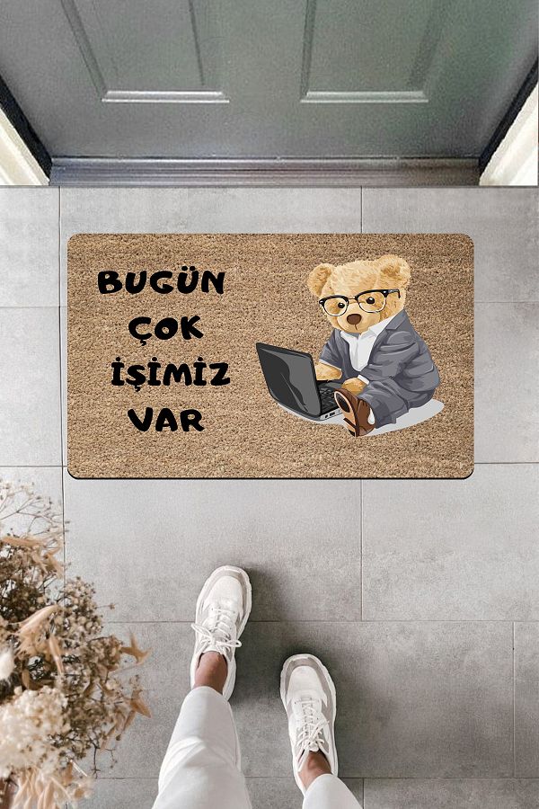 Dormot Home-High Quality Digital Printing Business Man Teddy Bear'We Have Many Work Today' Message Door Front Mat 1