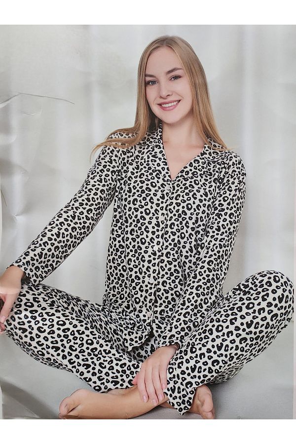 Mirano-Beige Suede Leopard Print Pajama Set - Buttoned 3708 1