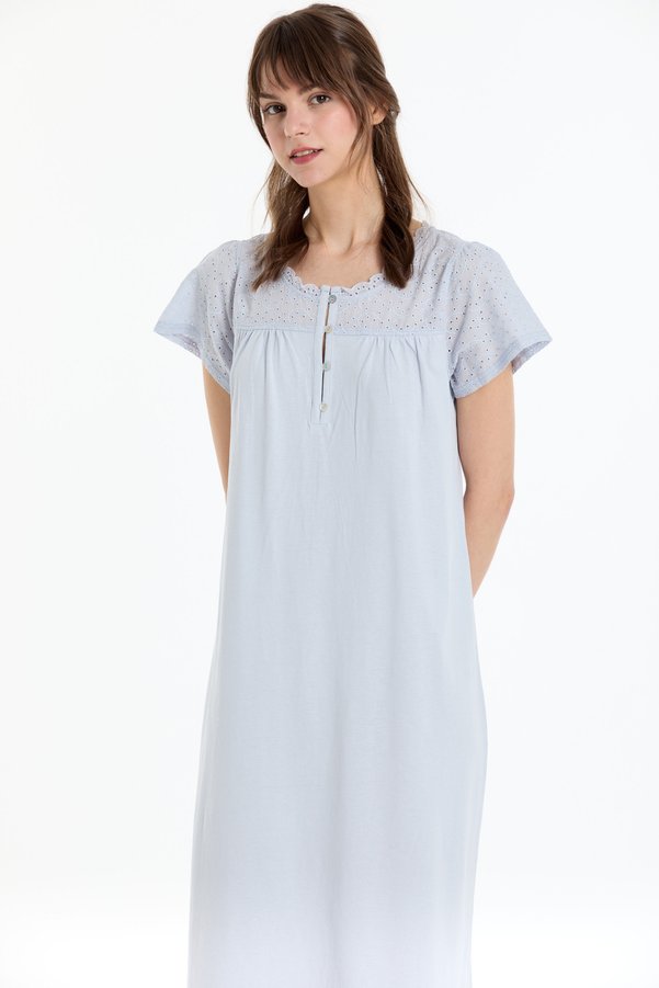 Kyron Women's 100% Cotton Nightgown / Eyelet Embroidery and Paneled Details / Powder Pink and Baby Blue Color Options.