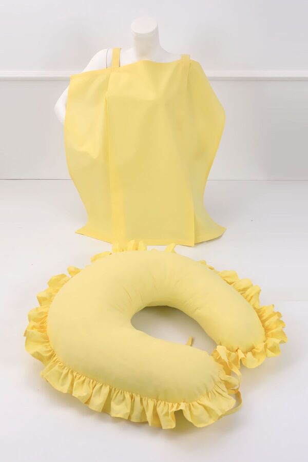 Umaybebek Emzirme Yastığı, Emzirme Önlüğü Set - Pamuklu Kumaş - Sarı Fırfırlı