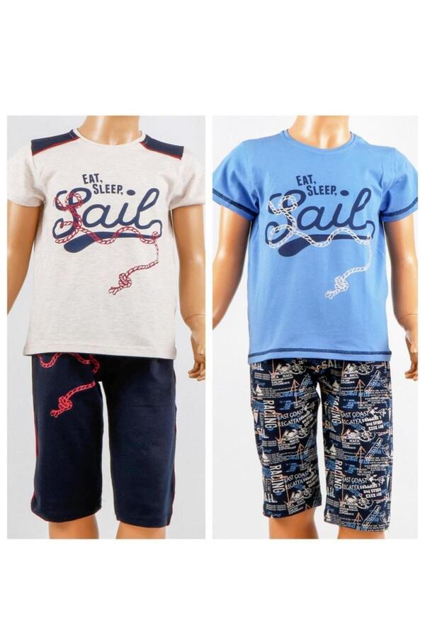 Tom John Erkek Çocuk 2 Li Kapri Bermuda Pijama Takımı Kısa Kollu Likralı Karısık Renklı