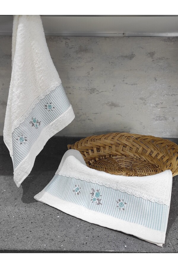 Sevim-Prosop de bucătărie 100% bumbac și brodat - Set de 2 prosoape din dantelă - 40x60 cm - verde mentă 1
