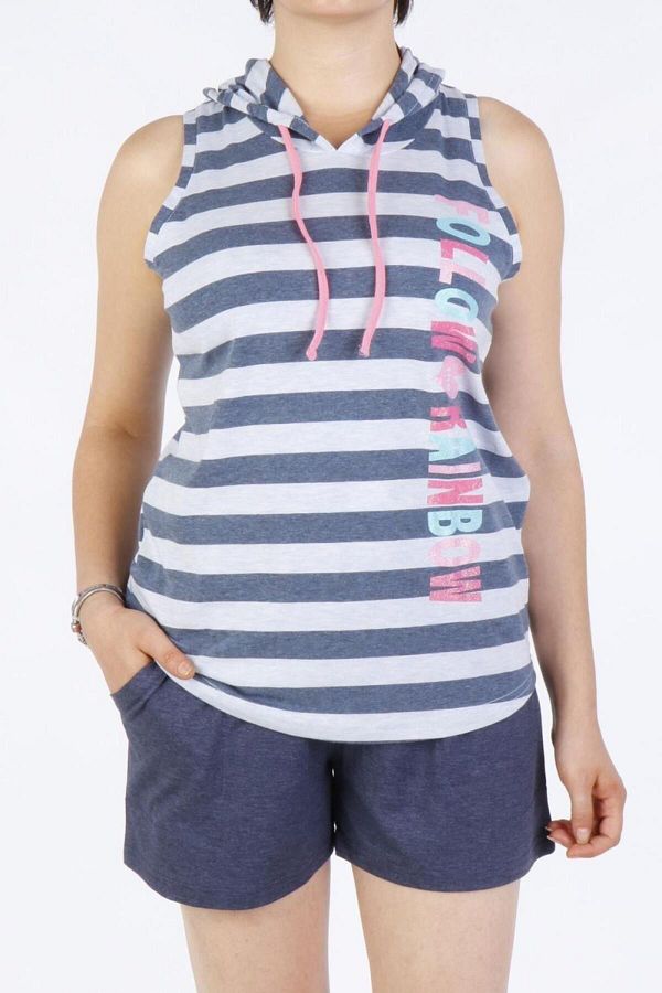 Nicoletta-Set pijama pantaloni scurți pentru damă, cu bretele late, cu glugă, buzunar, bumbac, lycra, albastru 1