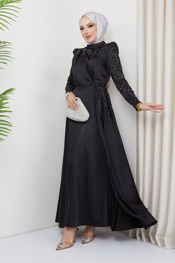 Olcay-Abendkleid aus Satin mit Pailletten- und Steindetail vorne und an den Ärmeln SCHWARZ 1660 1