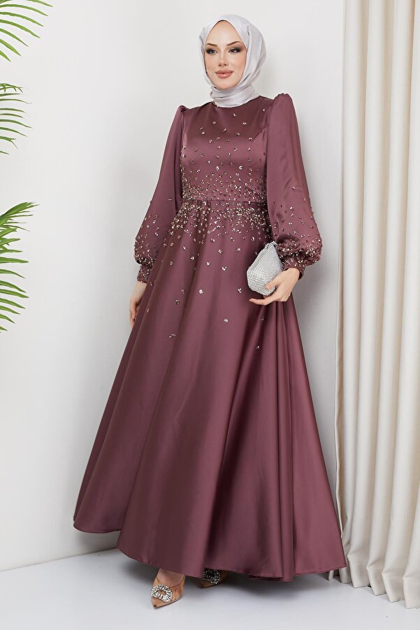 Olcay Önü ve Kolları Serpme Taş Detaylı Saten Abiye Elbise GÜL KURUSU 1658