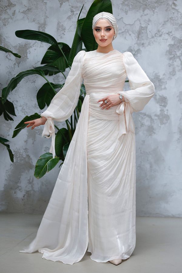 Neva Style-فستان سهرة بيج محتشم مع تفاصيل ذيل 48491beige 1