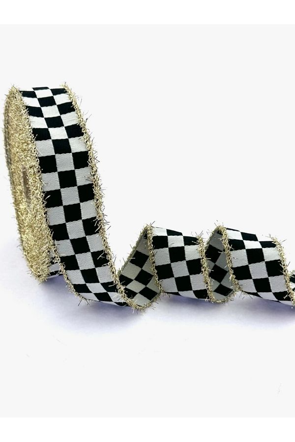 MEKA-Gold Glitter Checkerboard Patterned Ribbon - 3 cm Width (1 m Length) 1