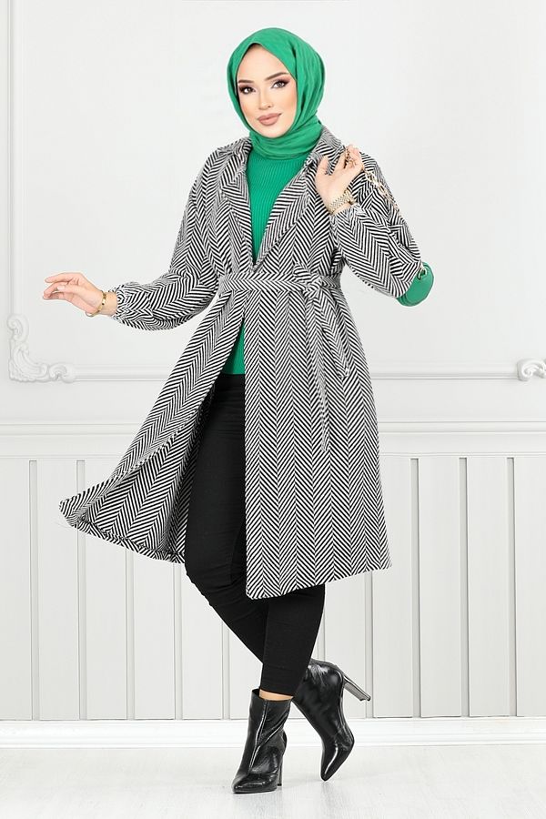 ModaMerve-Herringbone Patterned Striped Coat - 211Evo1065-M, Ecru 1