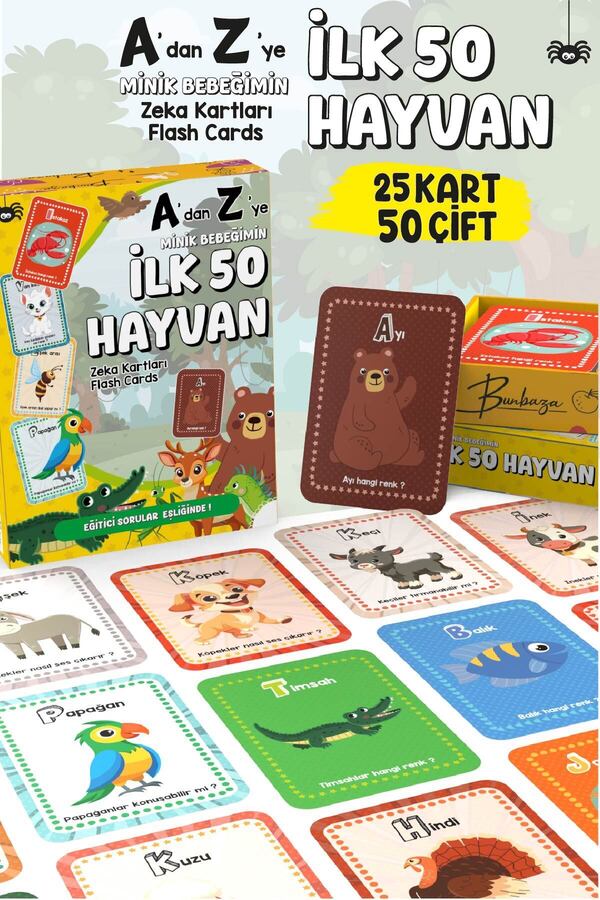 Bunbaza A'dan Z'ye Minik Bebeğimin İlk 50 Hayvanı Zeka Kartı Flash Kart 25 Kart - 50 Hayvan