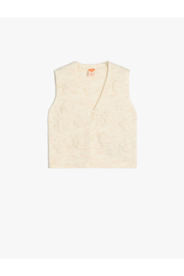 Koton V Yaka Düğmeli Çiçek Detaylı Triko Yelek