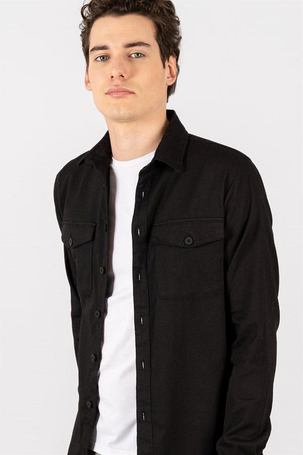 Tudors-Slim Fit Long Sleeve Denim Jeans Straight Pocket Gabardine Men's Black Shirt 1