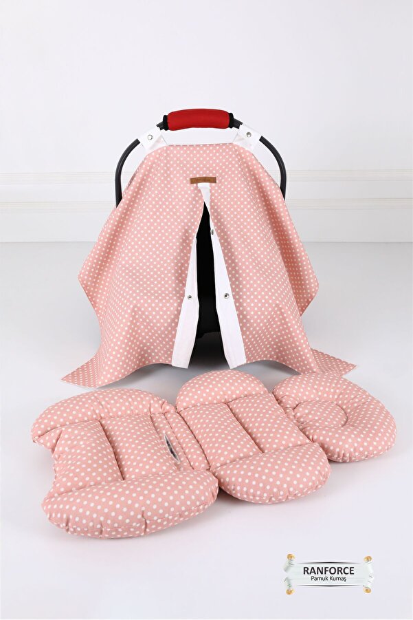 Umaybebek Puset Örtüsü Puset Minderi 2 Parça - Bel Destekli - Pudra Puantiyeli