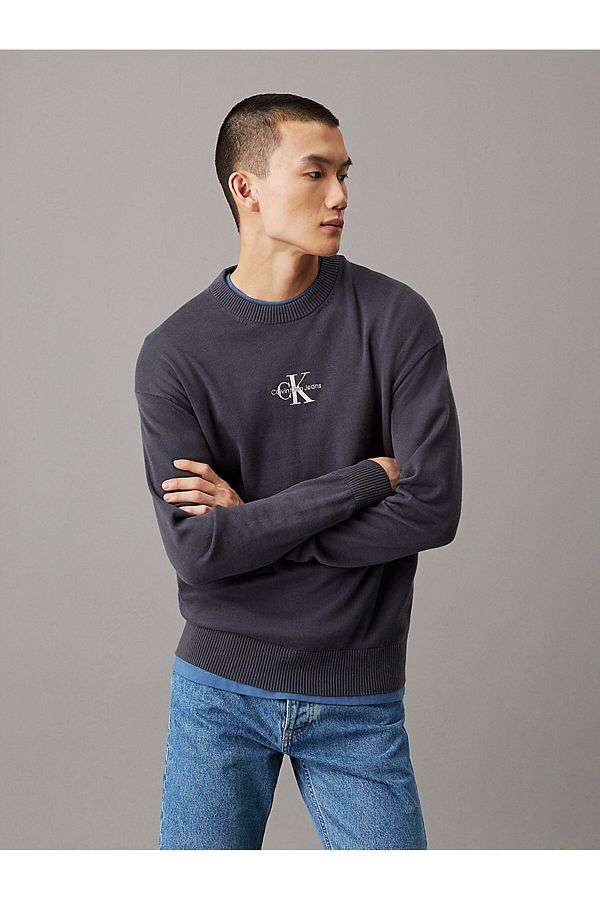Calvin Klein-Pulover pentru bărbați cu logo CK antracit - mânecă lungă, croială obișnuită, decolteu J30J 327404 -BAN 1