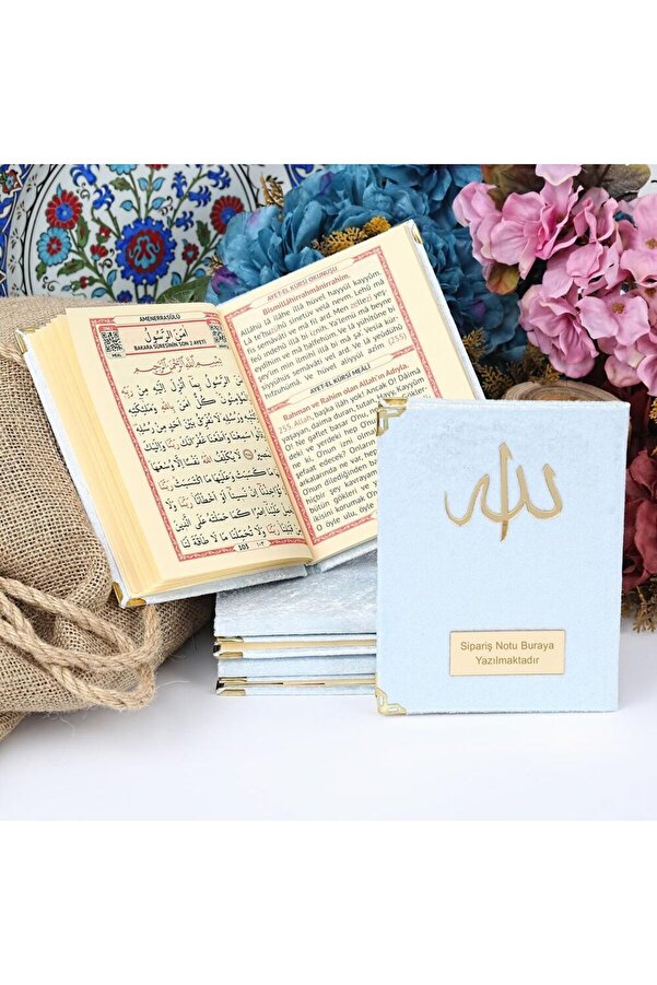 İkranur Kadife Kaplı Yasin Kitabı 10 Adet Çanta Boy 12×16, 128 Sayfa Allah Lafızlı, İsim Baskılı-Bebek Mavi