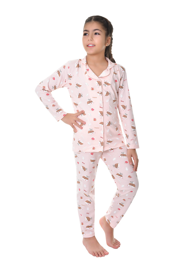 Little Frog Pamuklu Gömlek Yaka Düğmeli Düz Paça Kız Çocuk Pijama Takım