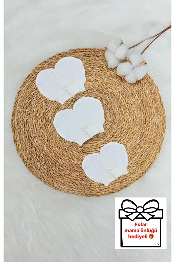 Lumos Trade Unisex Bebek Yenidoğan Penye Organik Pamuklu Bebek Eldiveni 3 Çift Set -  Beyaz