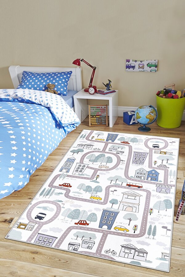 Confidence Home Makinede Yıkanabilir Kaymaz Taban Leke Tutmaz Yol Desenli Halı Bebek Ve Çocuk Halısı Oyun Matı