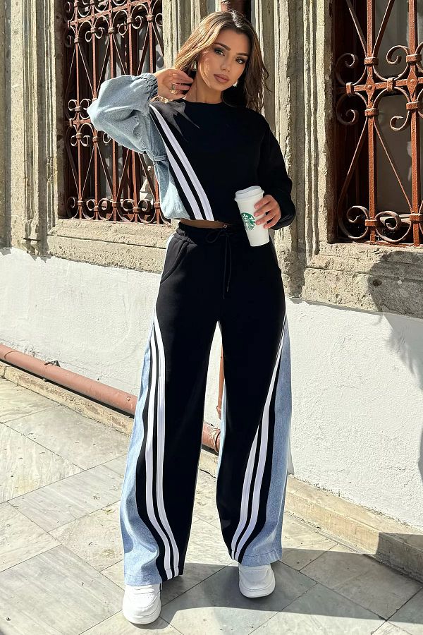 GÜLSELİ-Black Jeans Garnished Sweatshirt Trousers Double Set 1
