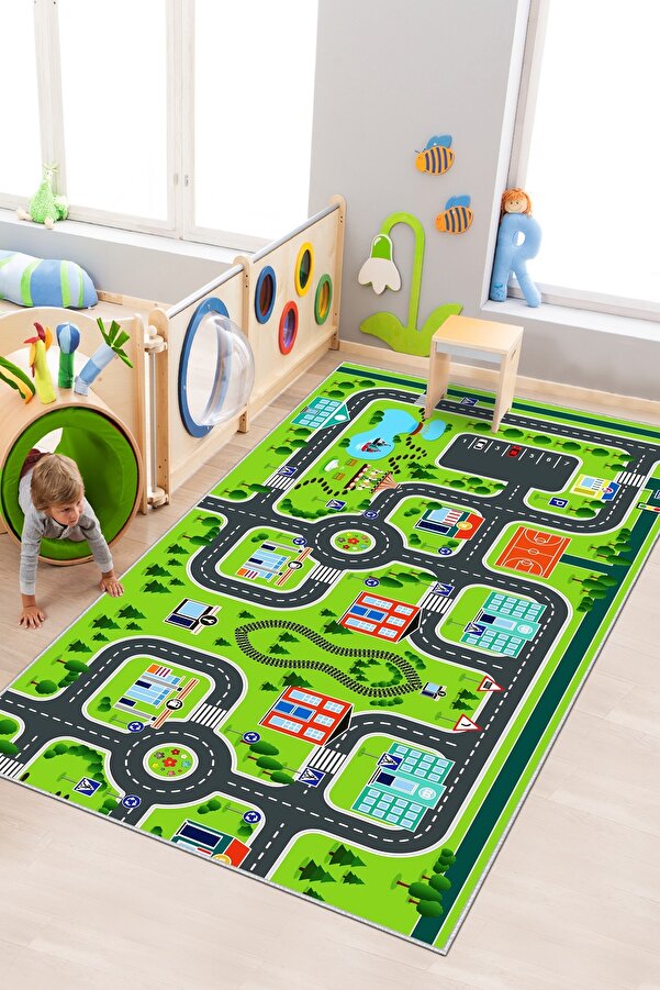 Confidence Home Makinede Yıkanabilir Kaymaz Taban Leke Tutmaz Eğitici Yol Desenli Bebek Ve Çocuk Halısı Oyun Matı