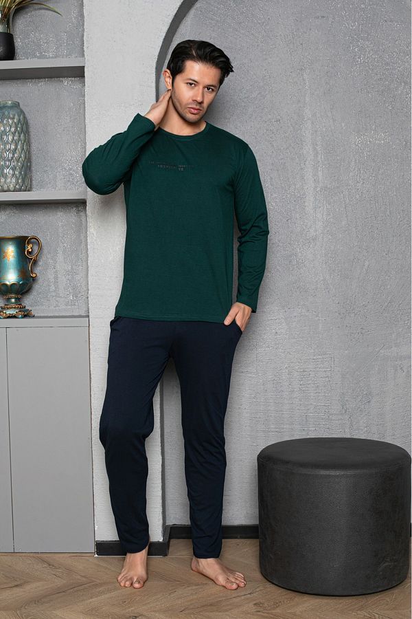 Huq Moda-طقم بيجامة رجالي من Sude مصنوع من القطن الممشط بأكمام طويلة وجيب ناعم ومزين بتفاصيل مفصلة 1