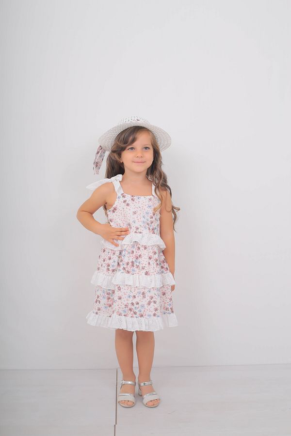 Filizdens Kids-Costum de pălărie cu modele florale pentru fete Rochie de muselină cu volane 1