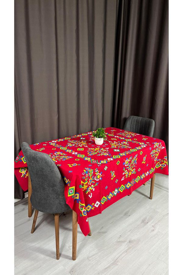 Sobe Hediyelik-Easy Clean Red Colored Chirping Chirping Hook Patterned Table Cloth 170X170 1