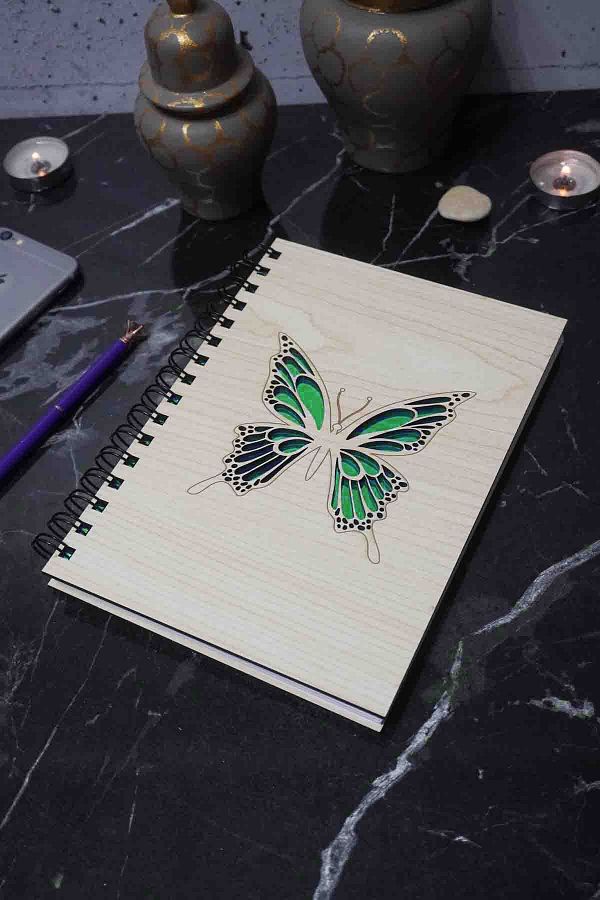 markcat-Butterfly Patterned Wooden Notebook - Diary - Unlined Notebook (Notebook) A5 Unlined Agenda 1