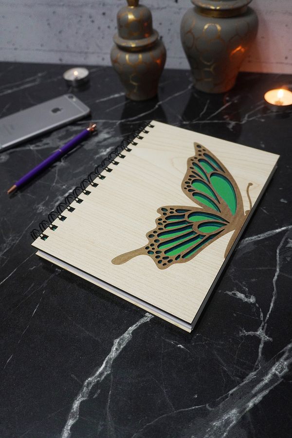 markcat-Butterfly Pattern Notebook with Wooden Cover - Agenda and Daily Use - Unlined A5 Notebook 1