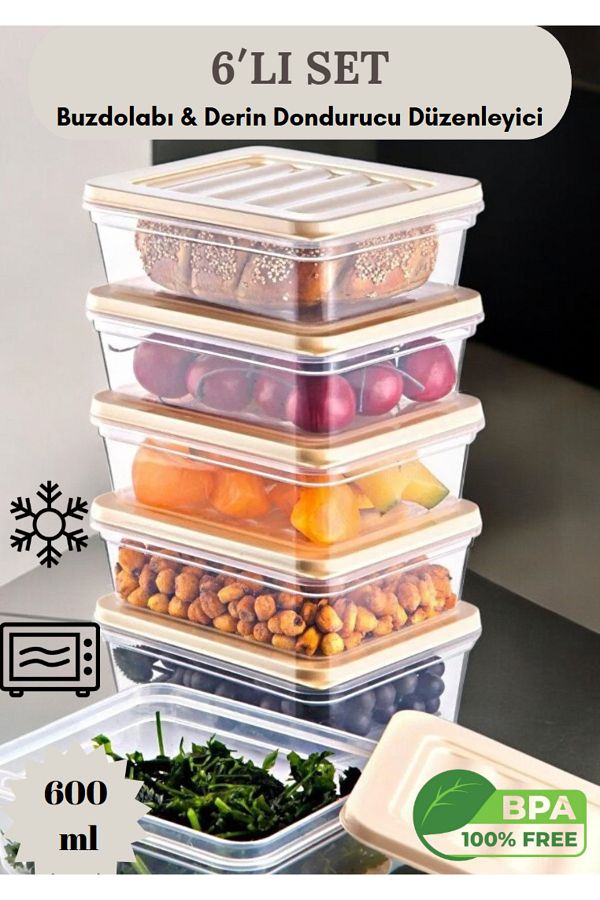 Flash Bazaar-6-Piece Refrigerator Organizer Microwave and Freeze Convenient Storage Container Cream Lid 6 X 600 ml 1