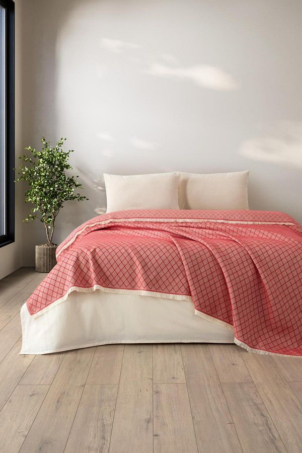 Denizli Concept-Red Lapis Double Bedspread & Pike - 100% Cotton - Multi-Purpose Patterned Bedspread 1