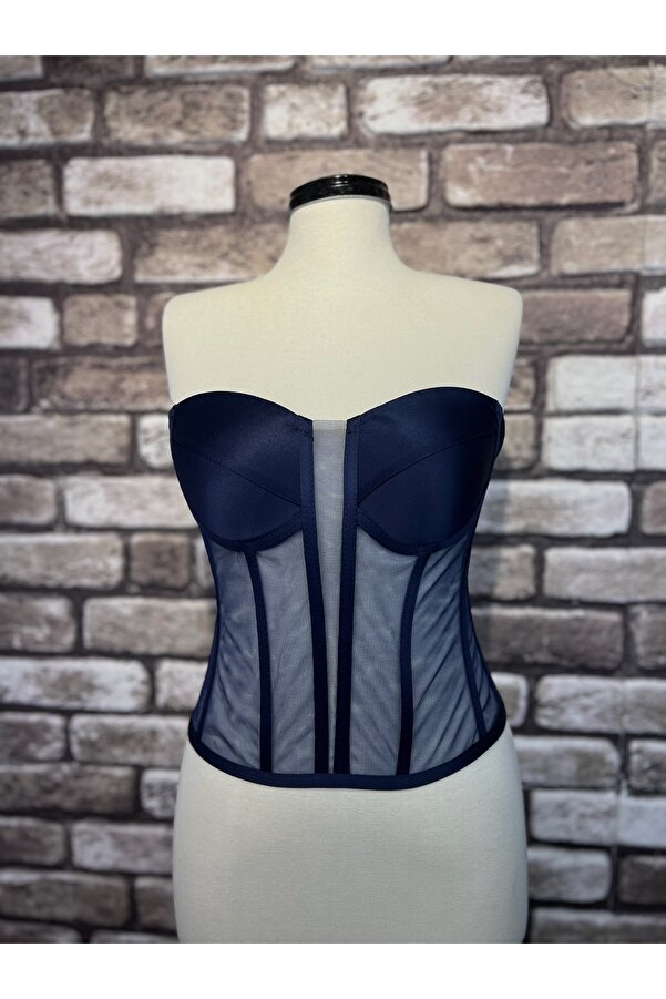 Metay Design Navy Blue Transparent Corset - Split Neck Tulle Model ...